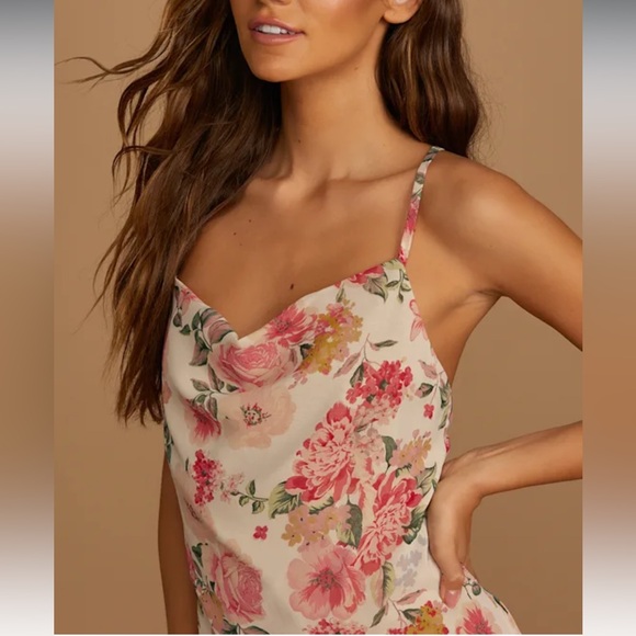 Lulus Sweet Invitation Beige Floral Print Cowl Neck Midi Dress - Picture 6 of 8